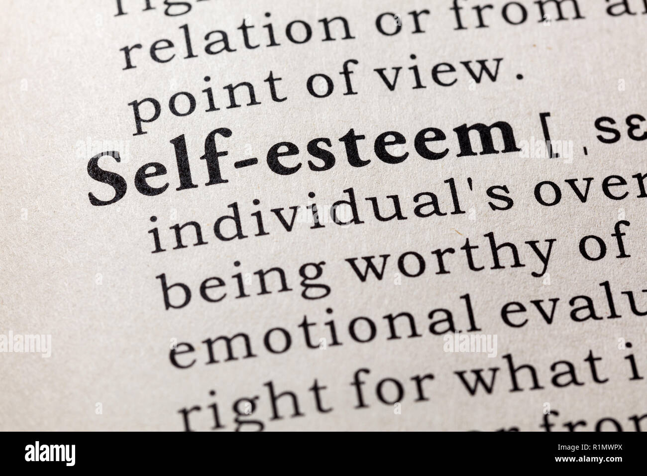 Fake Dictionary, Dictionary definition of the word self-esteem . including key descriptive words. Stock Photo