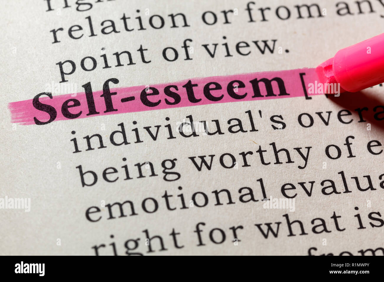 Fake Dictionary, Dictionary definition of the word self-esteem . including key descriptive words. Stock Photo