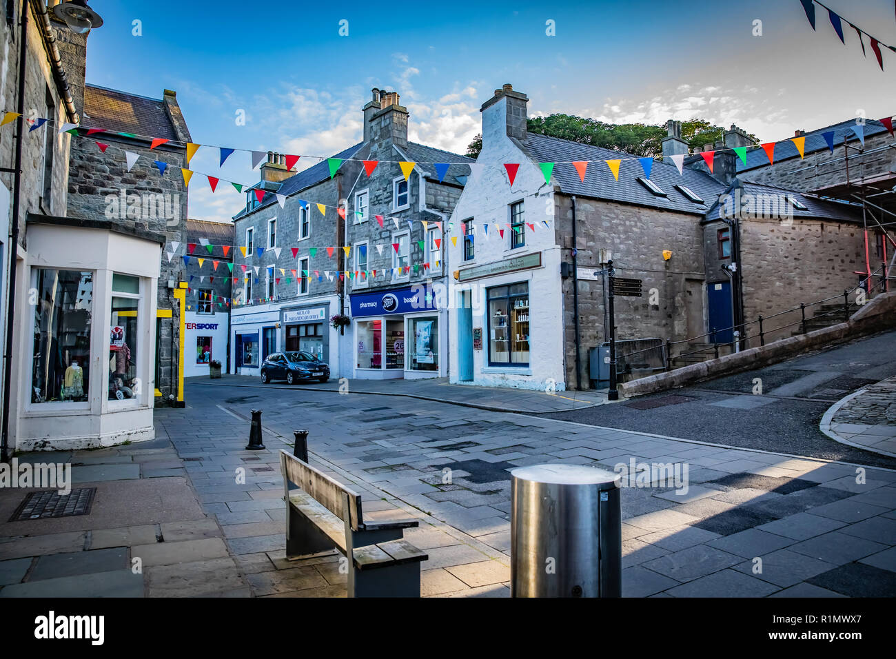 LERWICK, SHETLAND ISLAND, SCOTLAND SEPTEMBER 06, 2017 Street view of
