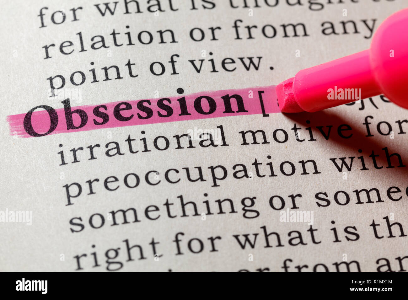 Fake Dictionary, Dictionary definition of the word obsession . including key descriptive words. Stock Photo