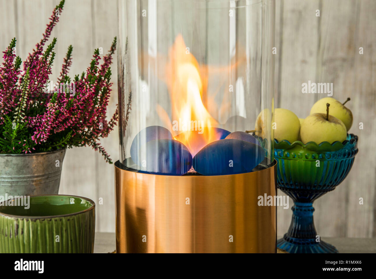Freestanding Portable Glass And Copper Metal Fireplace Burning Bio