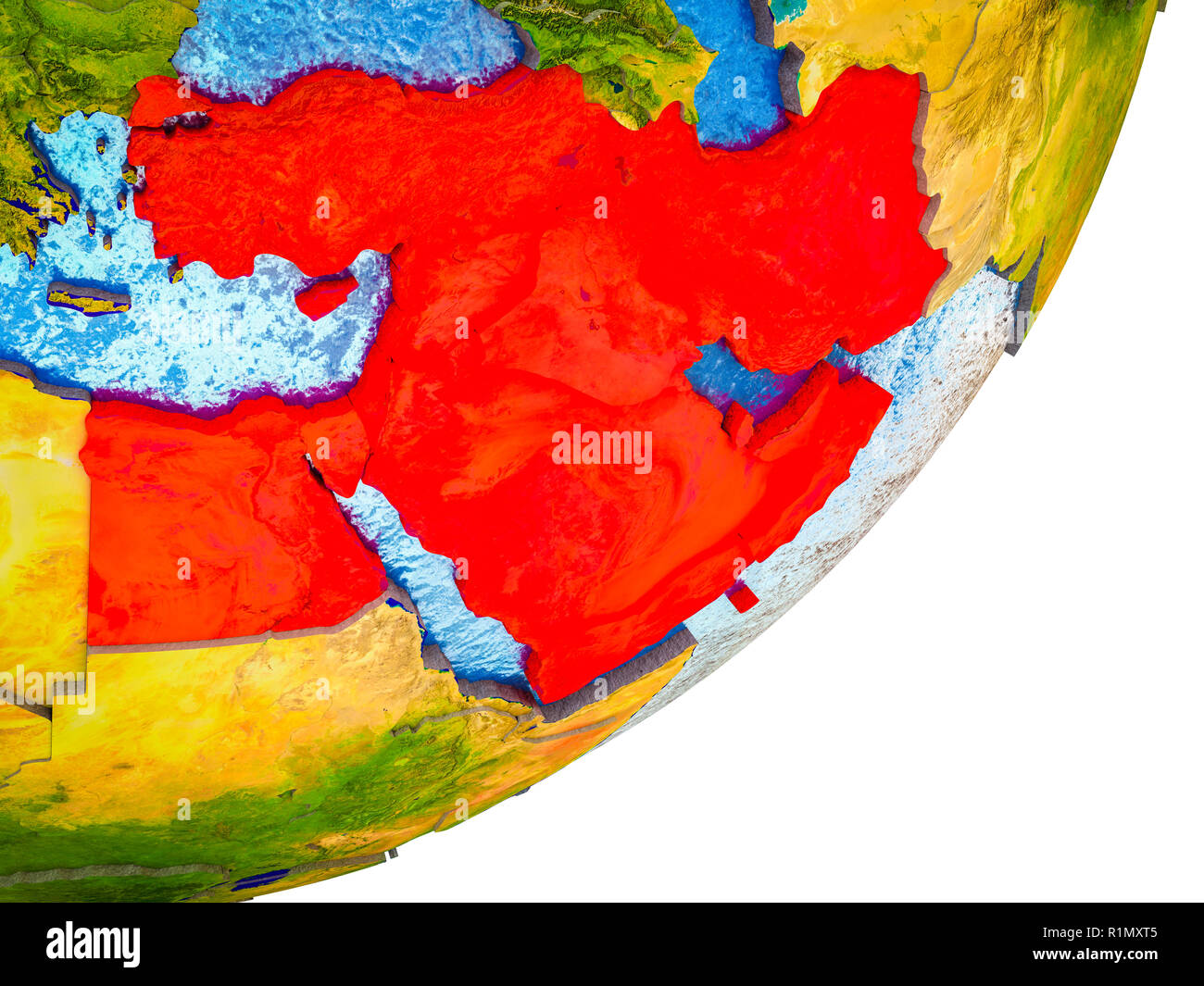 Middle East on 3D model of Earth with water and divided countries. 3D ...