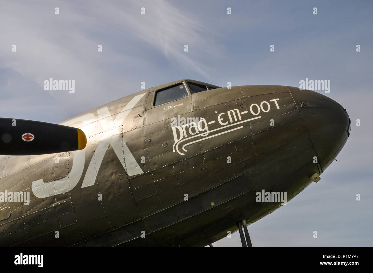 Douglas C-47 Skytrain, Dakota named Drag em oot. D-Day veteran plane served with US Army Air Force dropping paratroops at St Mere Eglise near Normandy Stock Photo