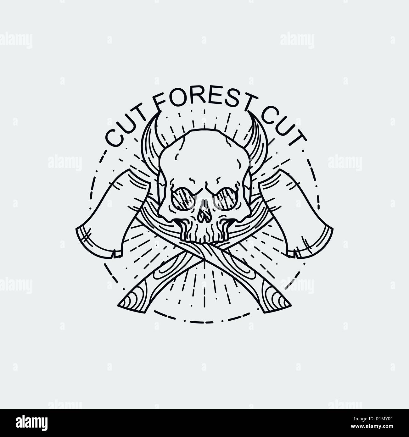Cut forest cut. Vector illustration of black and white tattoo graphic human skull with axes and horns. Lined symbol Stock Vector