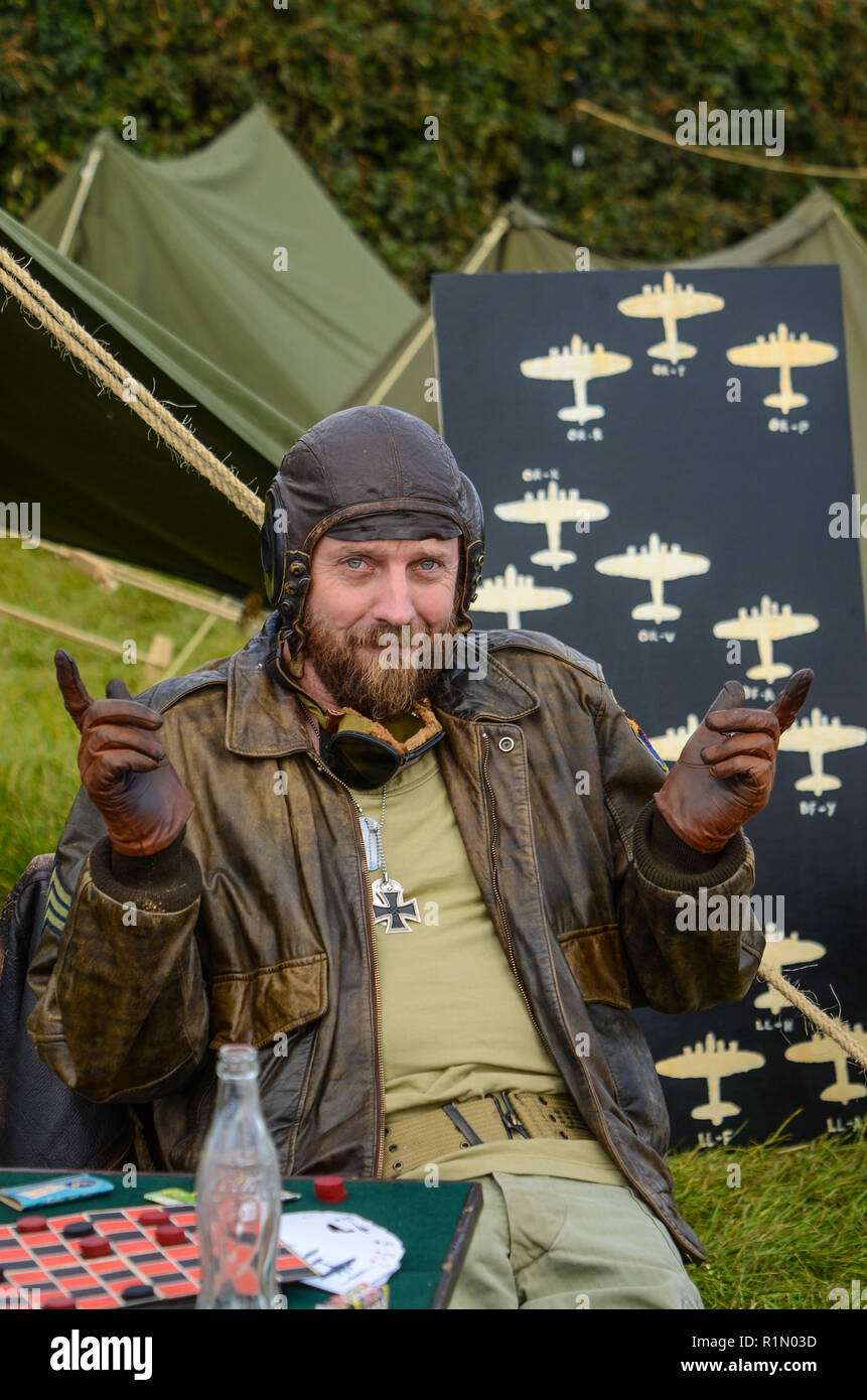 Re-enactor playing Sergeant Oddball character played by Donald Sutherland in the film Kelly's Heroes. Tank commander Second World War 1970s film Stock Photo