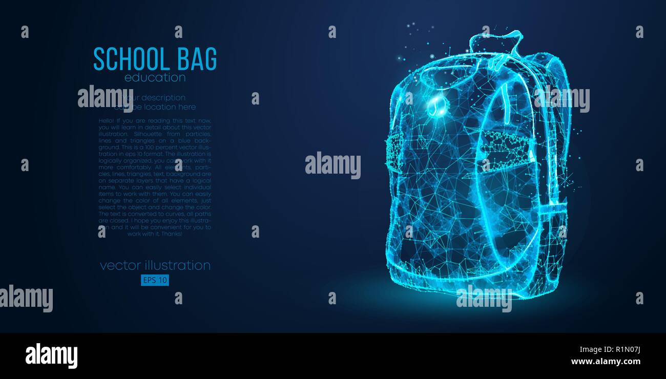 School backpack isolated from low poly wire frame particles lines and triangles on blue background. All elements on a separate layers color can be changed to any other in one click vector illustration Stock Vector