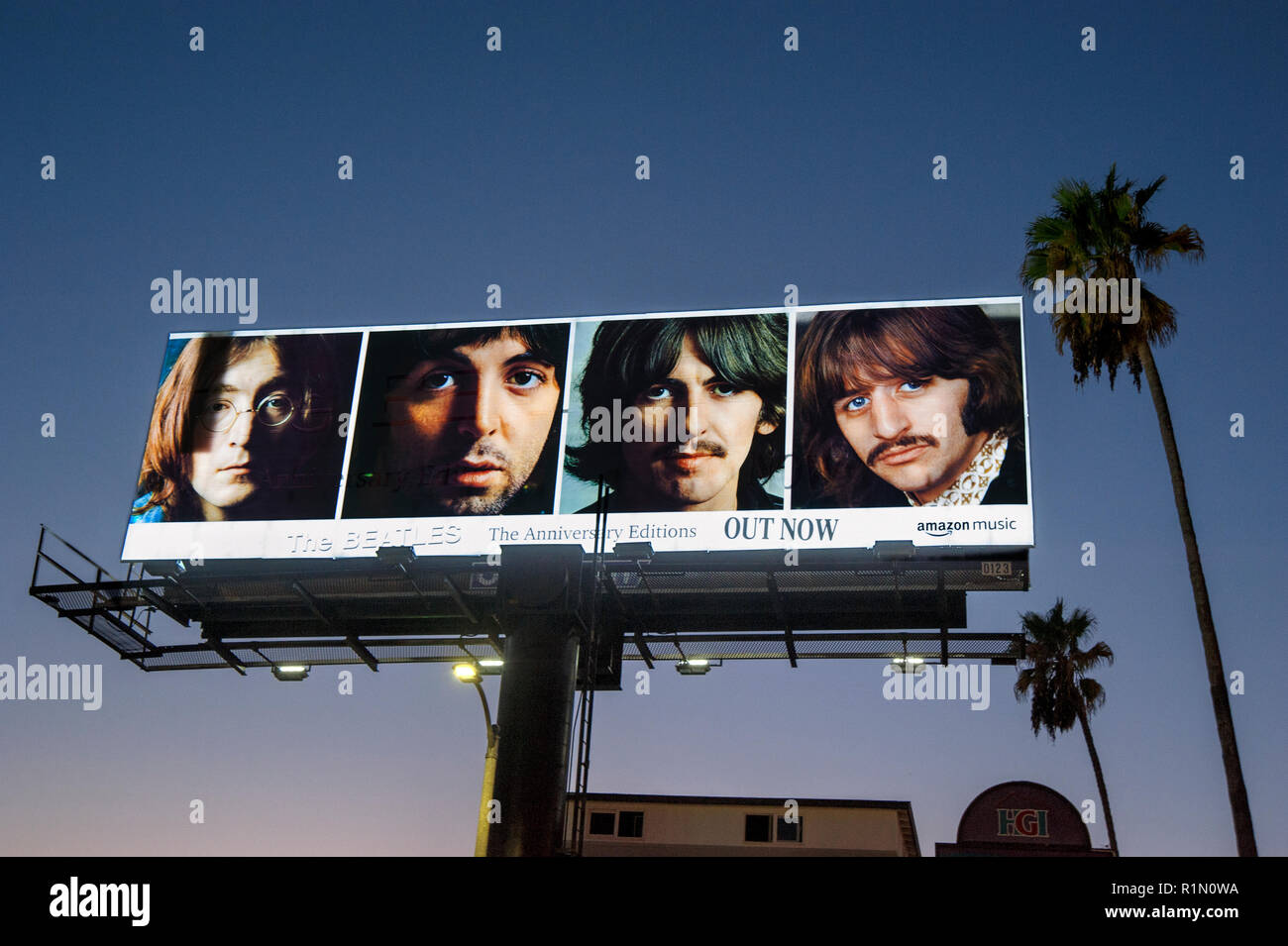 Back lit billboard for Beatles 50th anniversary re-issue of the White Album seen at sunset in Hollywood, CA Stock Photo