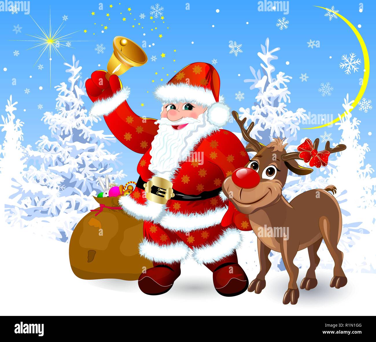Santa Claus and a deer in a winter forest against a background of  snow-covered fir trees. Cartoons Santa Claus and deer Rudolph Stock Vector  Image \u0026 Art - Alamy, image size:1300x1181