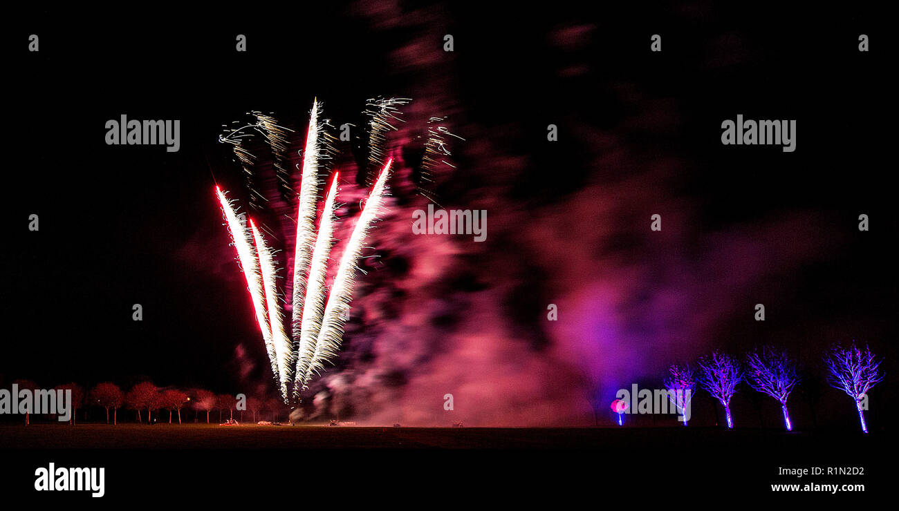 Spectacular and colourful firework display set against a dark Autumn sky in Lancashire, celebrating Guy Fawkes Night Stock Photo