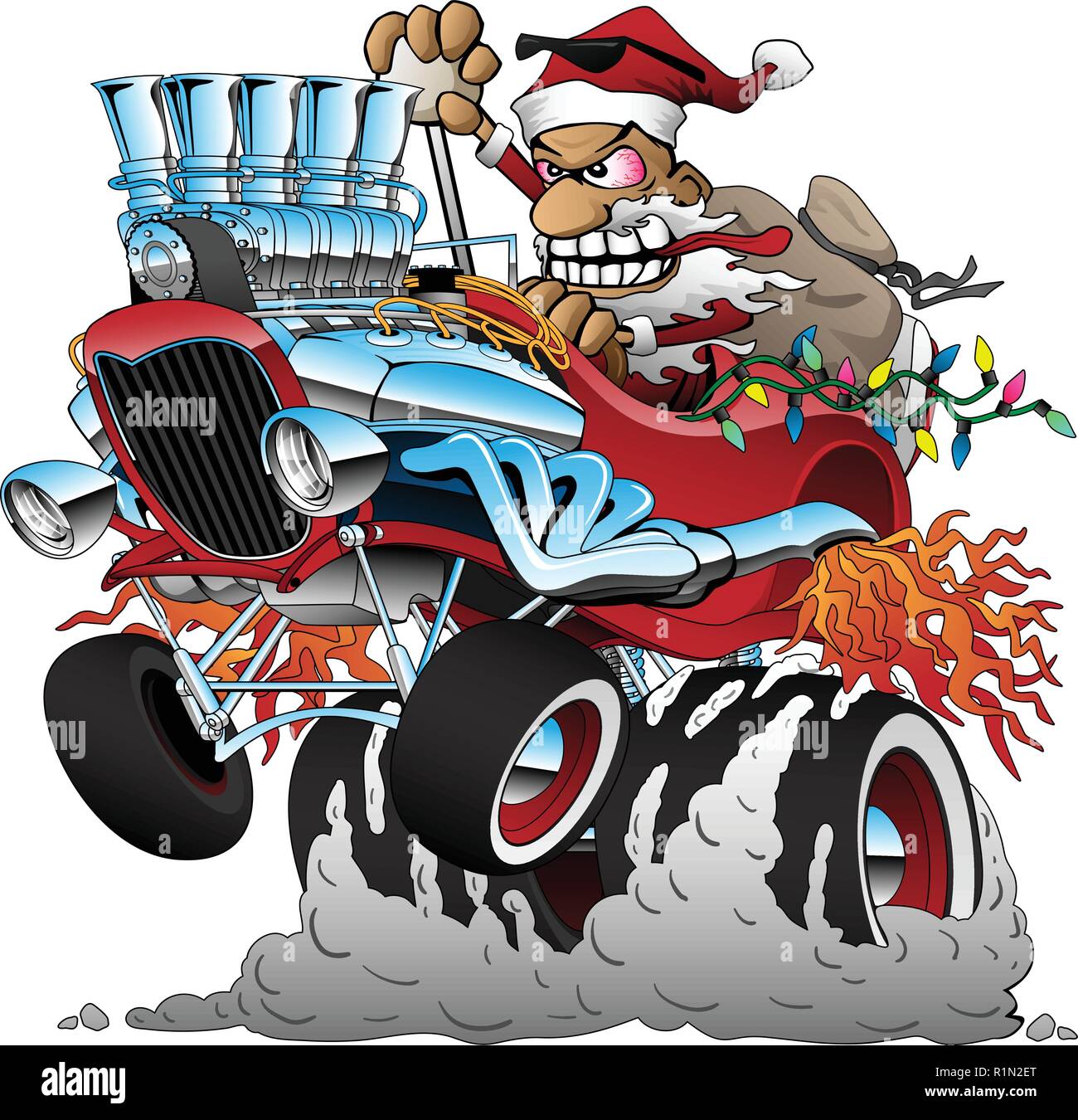 Hot Rod Santa Christmas Cartoon Car Vector Illustration Stock Vector