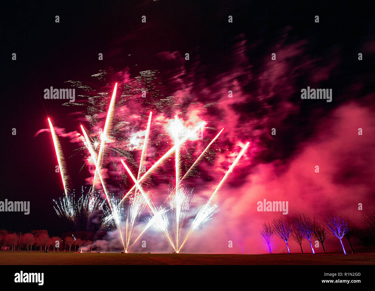 Spectacular and colourful firework display set against a dark Autumn sky in Lancashire, celebrating Guy Fawkes Night Stock Photo