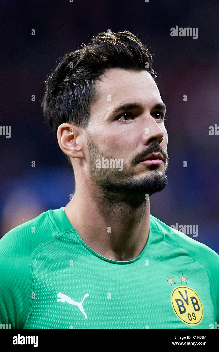 MADRID, SPAIN - NOVEMBER 06: Roman Burki of Borussia Dortmund looks on prior to the Group A match of the UEFA Champions League between Club Atletico de Madrid and Borussia Dortmund at Estadio Wanda Metropolitano on November 6, 2018 in Madrid, Spain.  (MB Media) Stock Photo