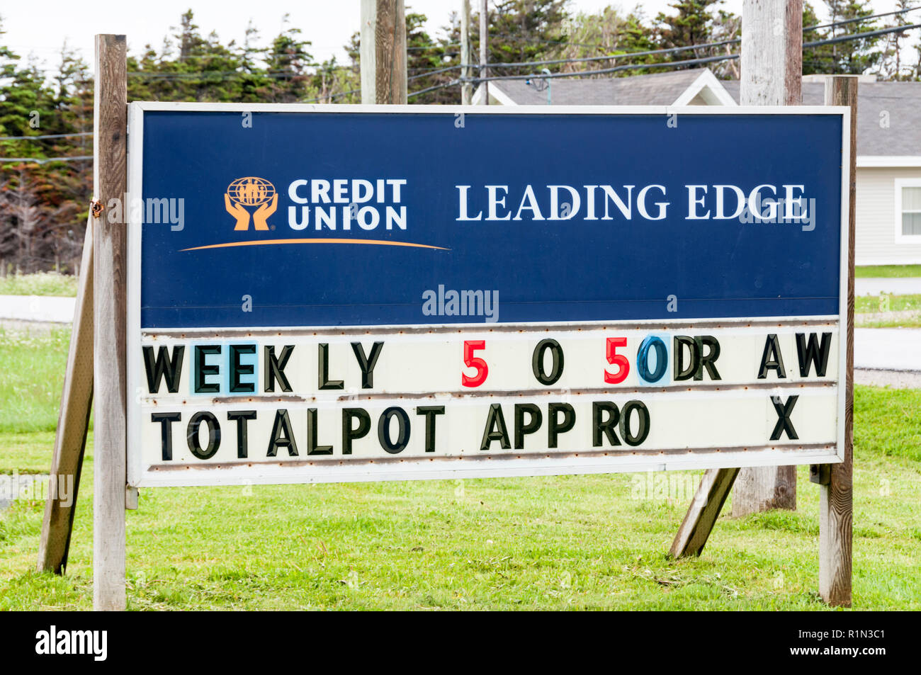 Sign for Leading Edge Credit Union weekly draw, in Newfoundland. Stock Photo