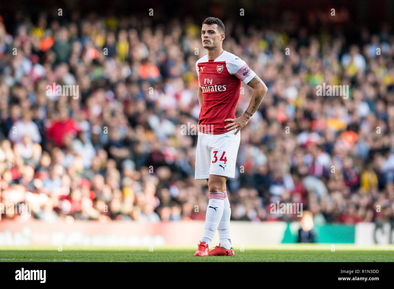 LONDON, ENGLAND - SEPTEMBER 29: Granit Xhaka of Arsenal on during the Premier League match between Arsenal FC and Watford FC at Emirates Stadium on September 29, 2018 in London, United Kingdom. (MB Media) Stock Photo