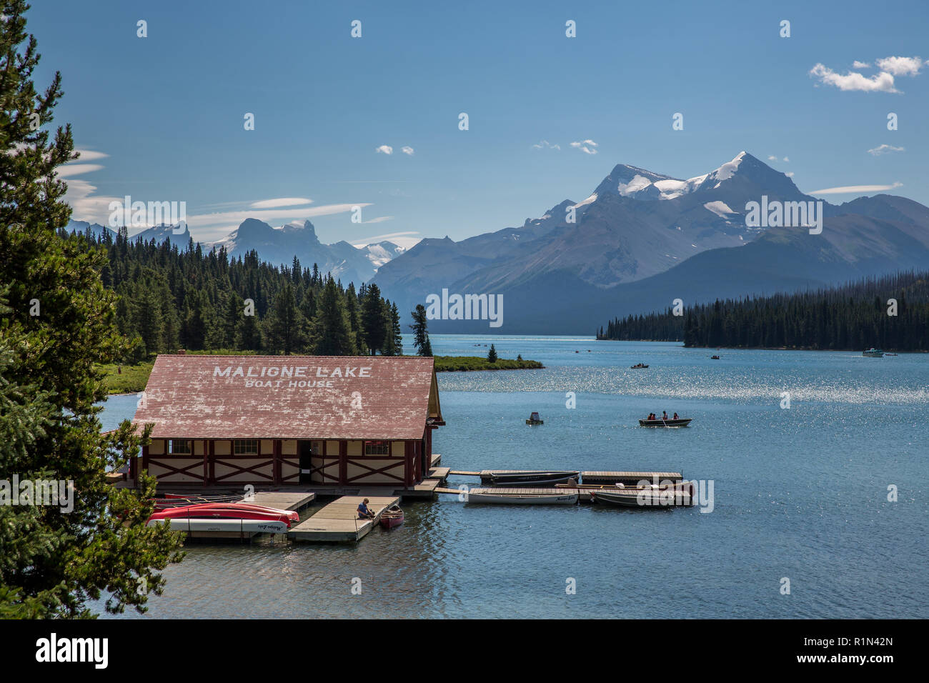 Maligne Lake boathouse on Maligne Lake in Jasper National Park, Alberta Canada Stock Photo
