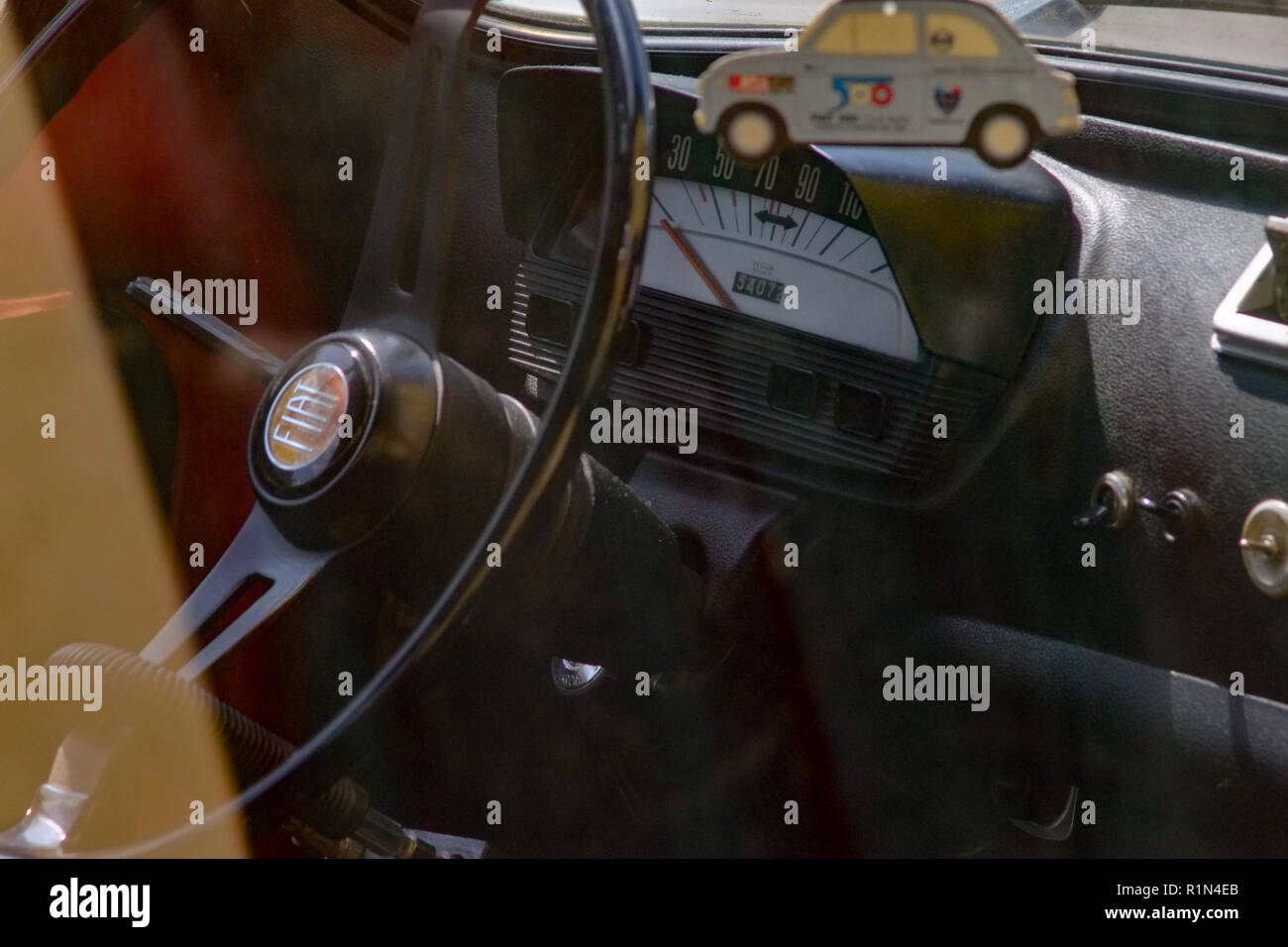 Interior view with leather accessories. Fiat 500 last century vintage car. 1950 1960 1970 1980 1990 Tuscany  Italy Europe Stock Photo