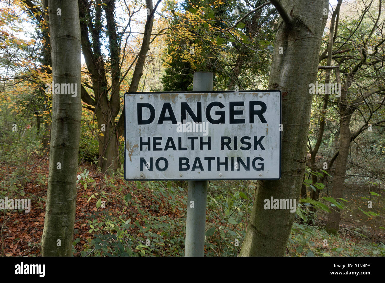 Danger health risk now bathing sign by lake. Staffordshire. UK Stock Photo