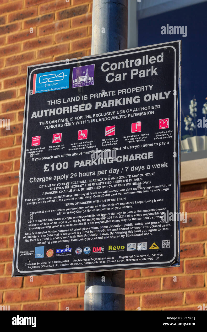 controlled car parking regulations sign with fine charges,dorchester brewery square redevelopment site , dorchester county town, dorset, england, uk Stock Photo