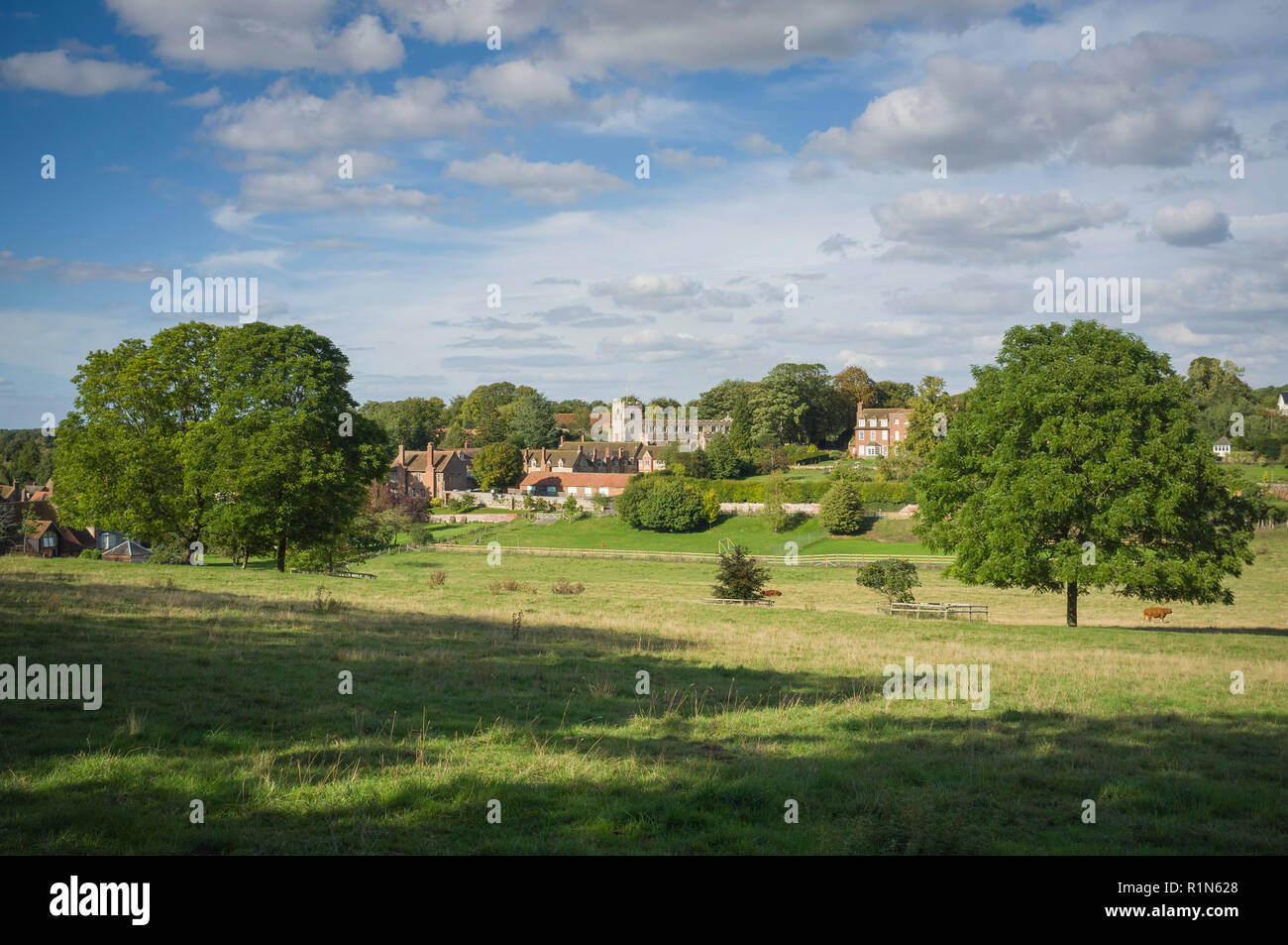 A view of the village of Ewelme, Oxfordshire with its village school and almshouses bathed in afternoon Summer sunshine. Stock Photo