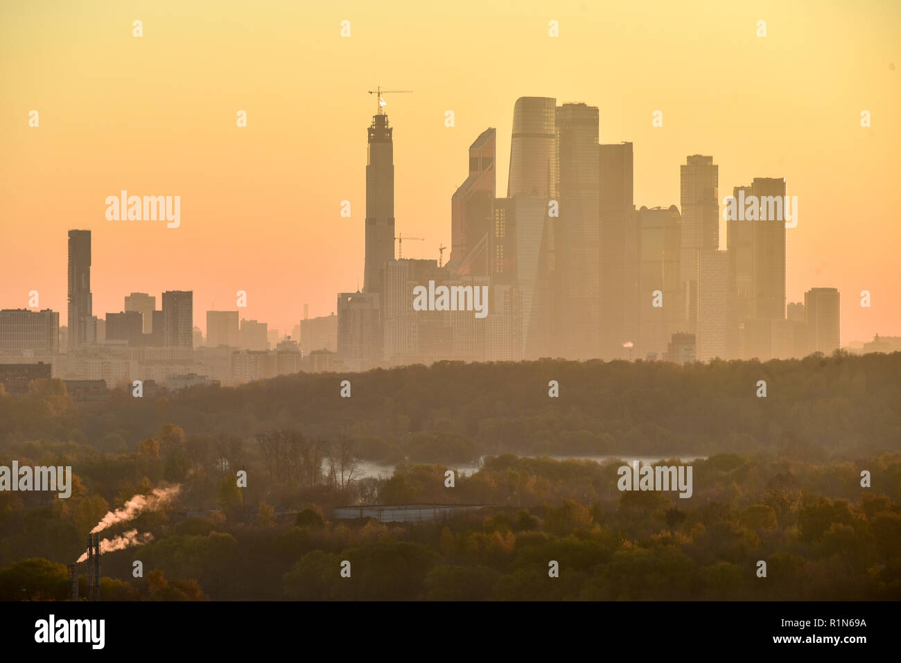 Skyline view of the Moscow International Business Center at dawn. Stock Photo