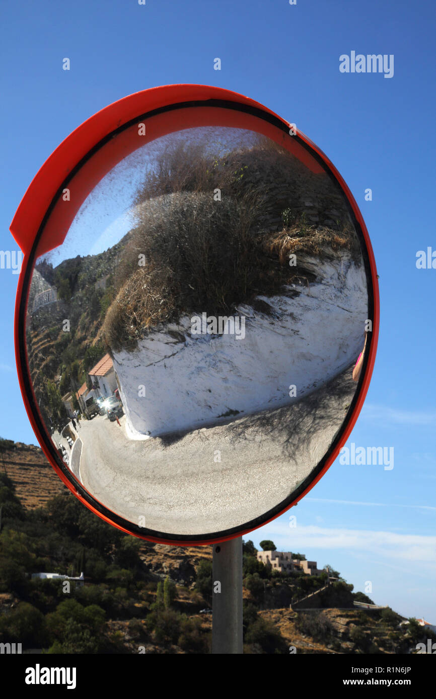Kea Island Greece Convex Mirror on Blind Bend on Road Outside the Capital Ioulidha Stock Photo