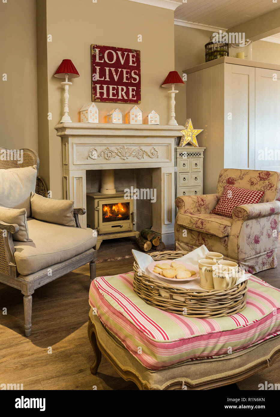 Cosy sitting area with wood burner Stock Photo