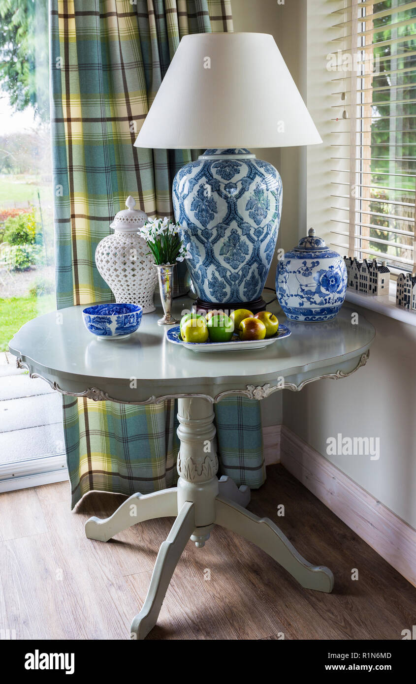 Corner table with large blue ornate 