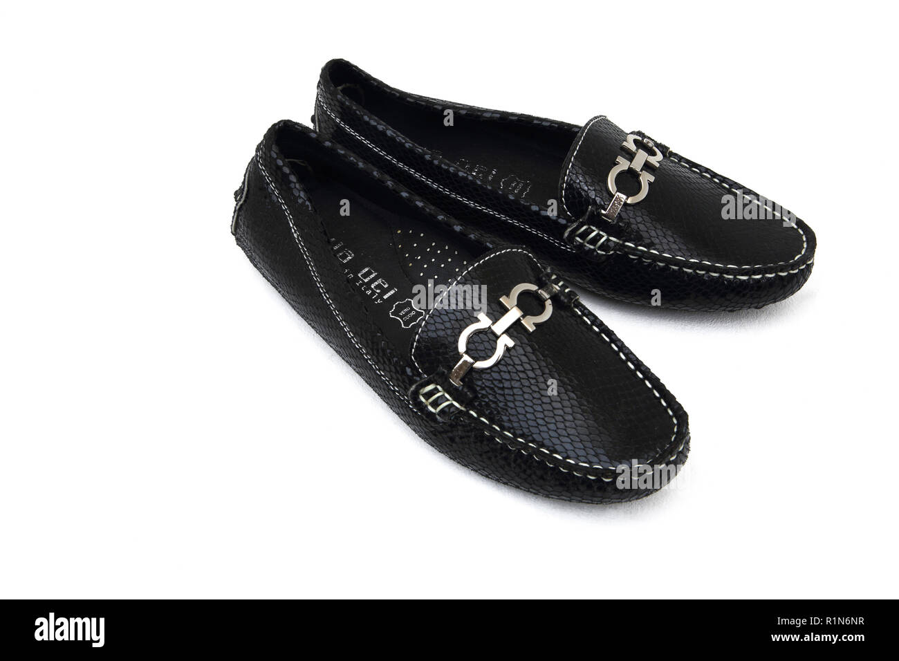 A Pair of Women's Italian Patent Leather Loafers Stock Photo