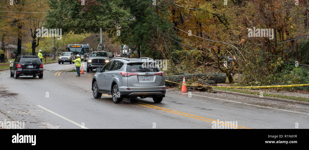 Carrboro, North Carolina, USNovember 13, 2018 Workers repairing power