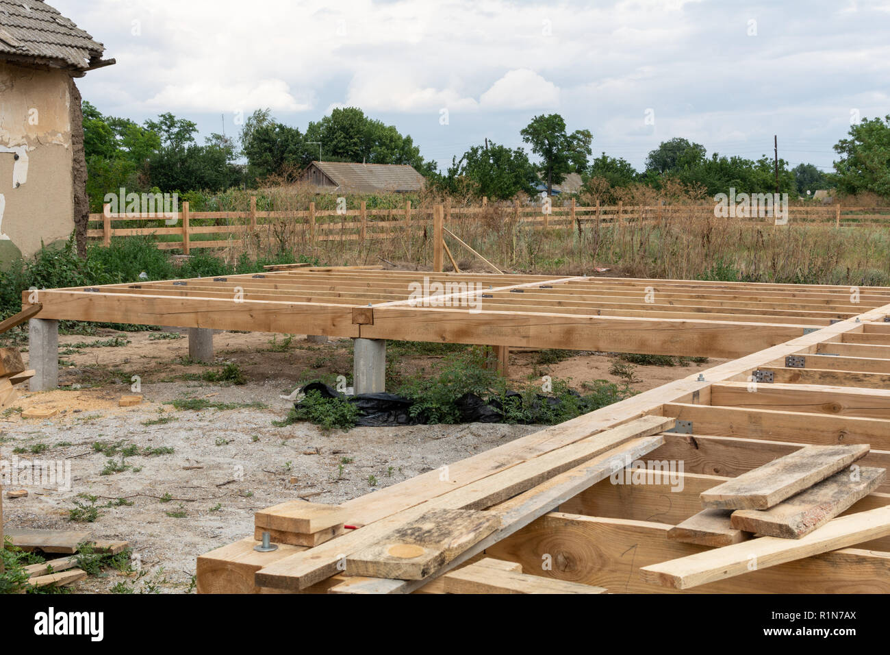 Housing frame assembly. Installation of residential building base of a