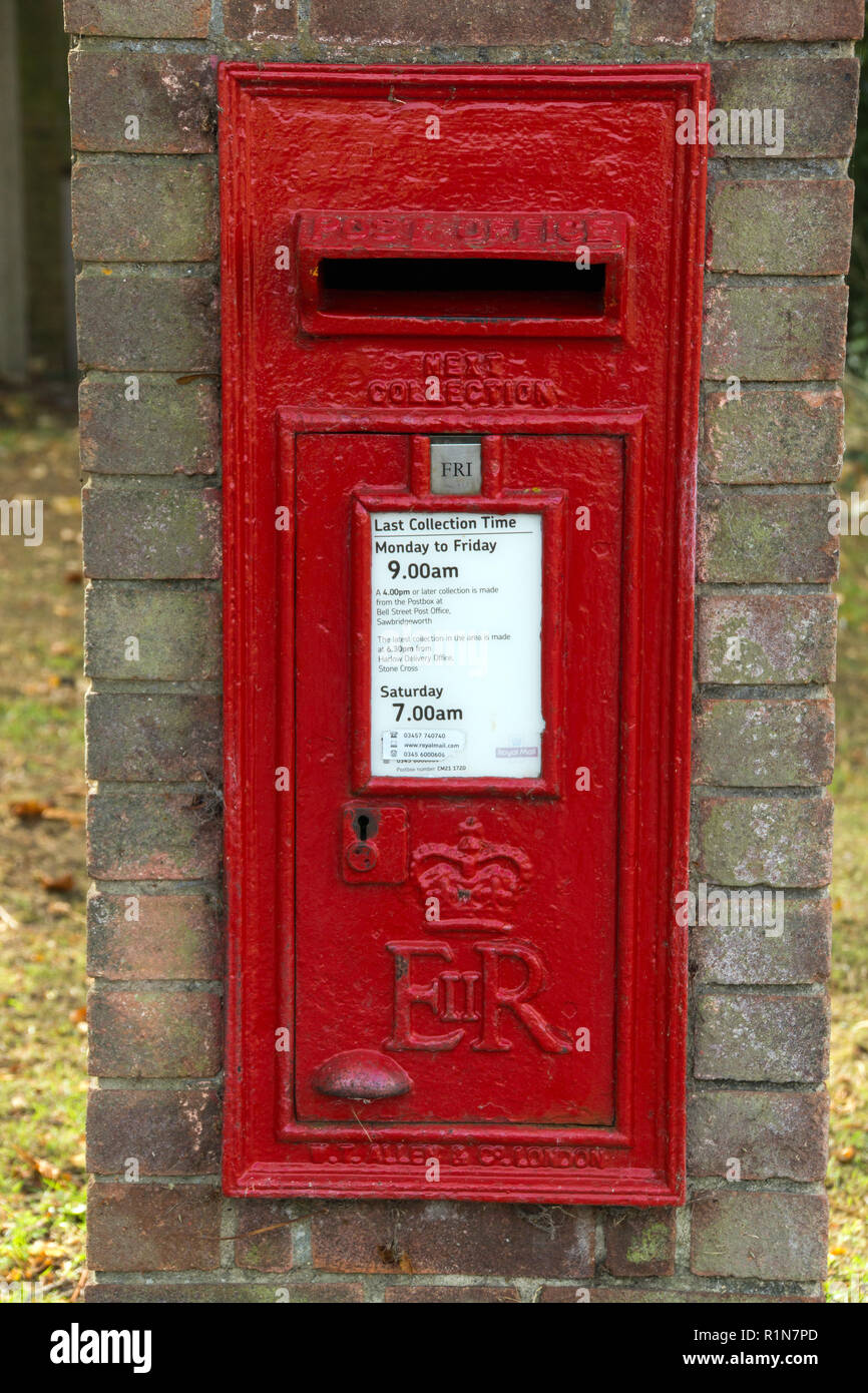 A brick mounted Royal mail collection box in Sawbridgeworth