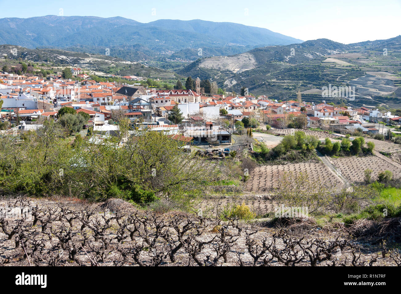 View of village, Omodos (Troodos Mountains), Limassol District, Republic of Cyprus Stock Photo