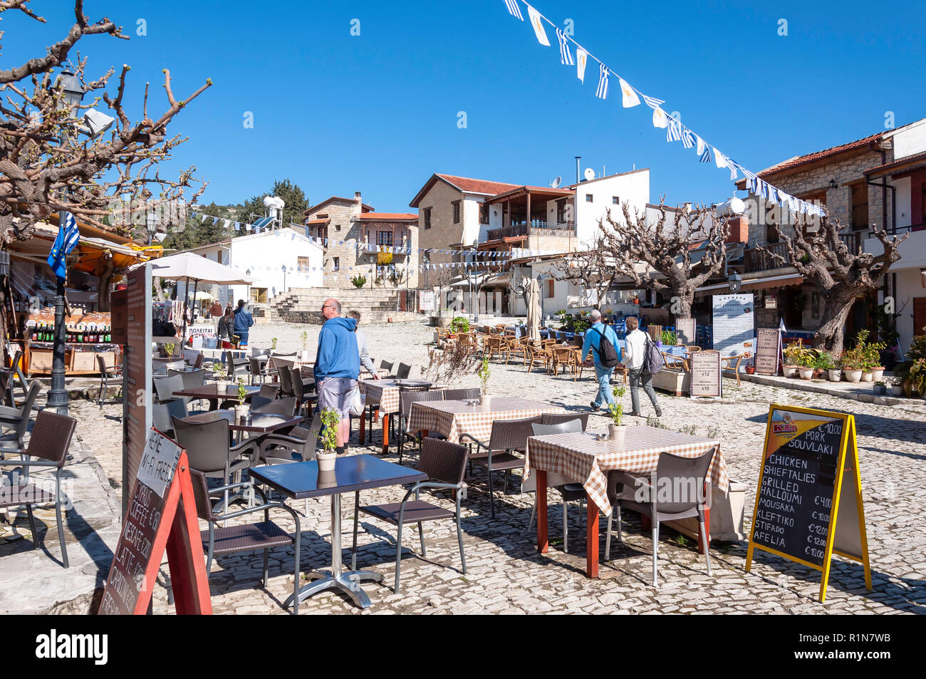 Tavernas in Omodos Square, Omodos (Troodos Mountains), Limassol District, Republic of Cyprus Stock Photo