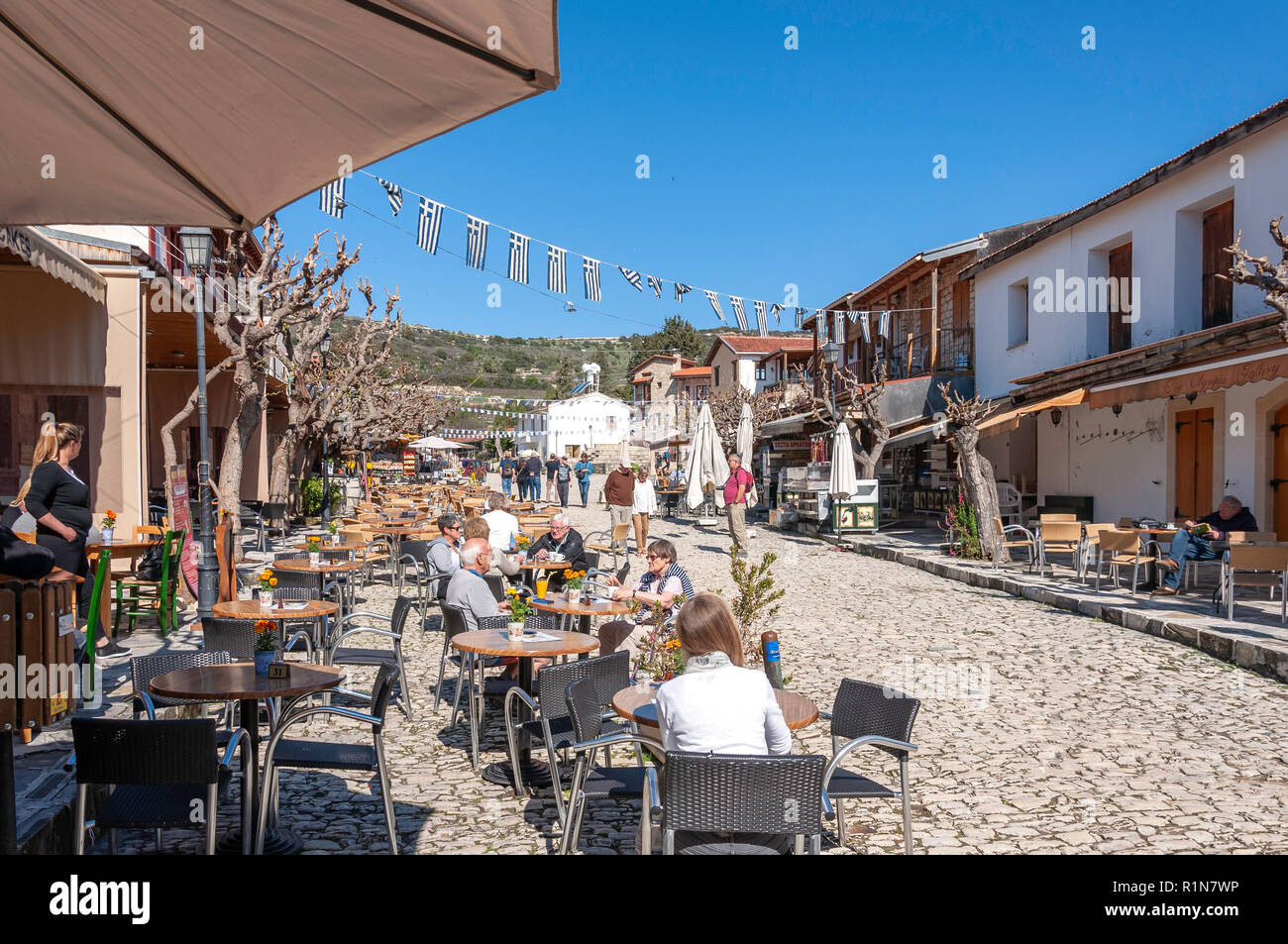 Tavernas in Omodos Square, Omodos (Troodos Mountains), Limassol District, Republic of Cyprus Stock Photo