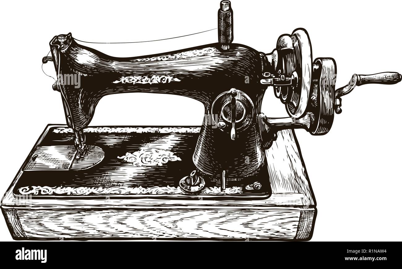 Sewing machine, sketch. Sewing workshop. Vintage vector illustration Stock Vector