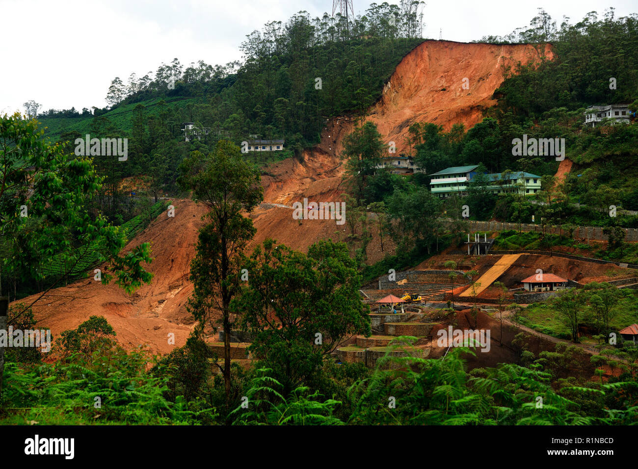 Mountain landslide stone slopes threaten to block roads and forest