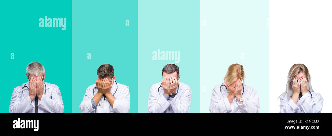 Collage of group of doctor people wearing stethoscope over colorful ...