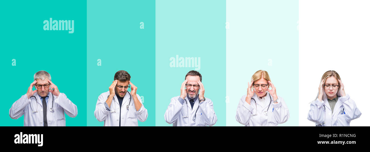 Collage of group of doctor people wearing stethoscope over colorful