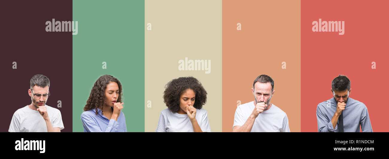 Collage of group of young and senior people over colorful isolated ...