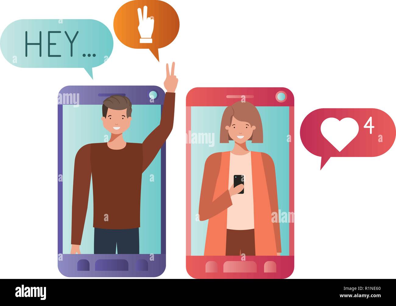young couple in smartphone avatar character Stock Vector