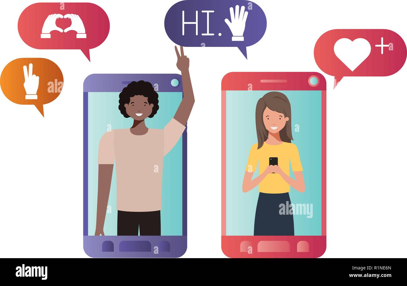 young couple in smartphone avatar character Stock Vector