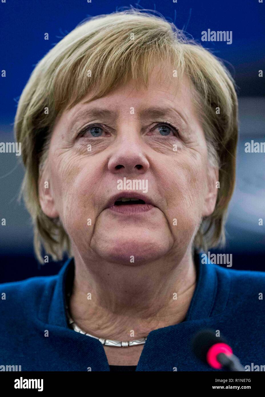 German Chancellor Angela Merkel seen speaking at the debate about the future of Europe with the members of the European Parliament, in Strasbourg, eastern France. Stock Photo