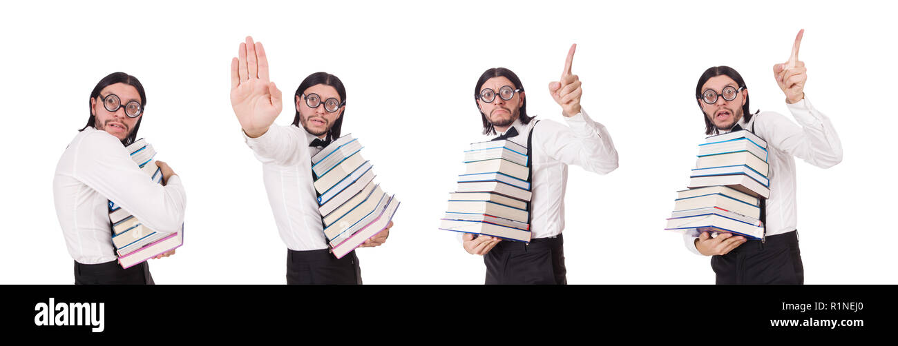 Funny student with books isolated on white Stock Photo - Alamy