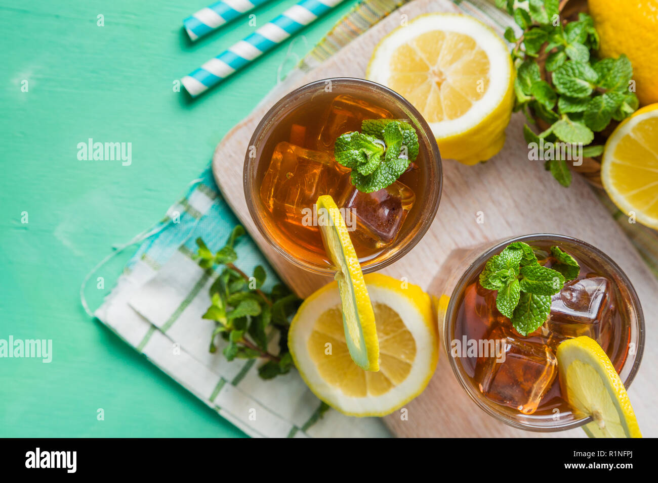 Iced tea in glasses, summer background copy space Stock Photo - Alamy