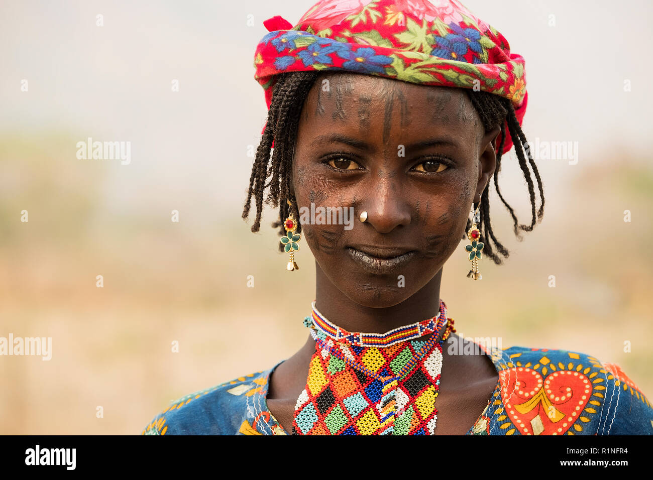 Young Cameroonian with a tattoo. South Africa, North Cameroon. Stock Photo