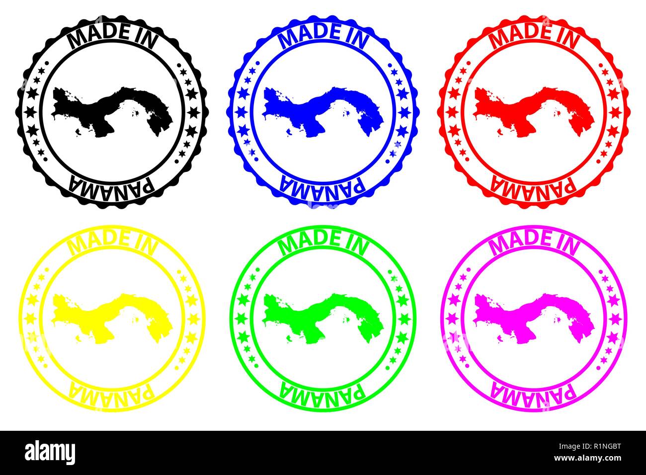 Made in Panama - rubber stamp - vector, Panama map pattern - black, blue, green, yellow, purple and red Stock Vector