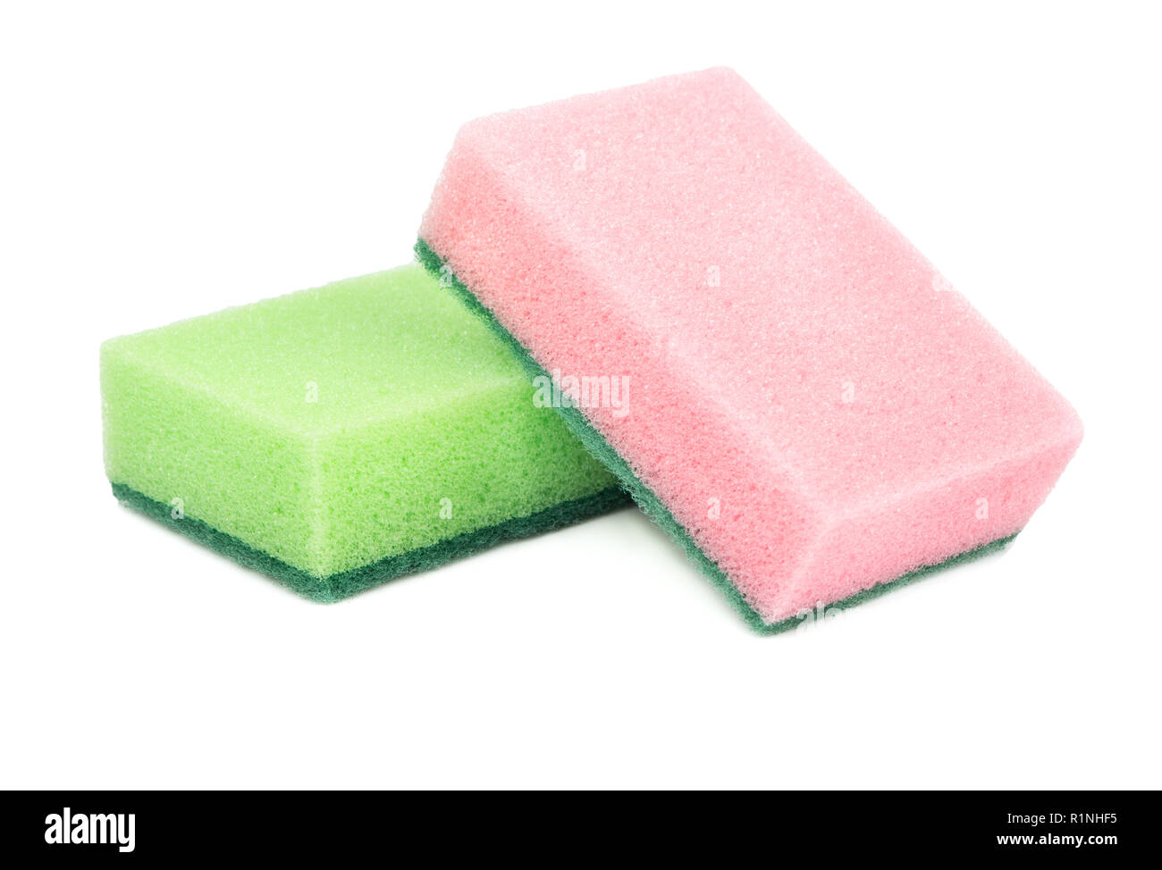 Pink Dish Washing Sponge On White Background, Top View Stock Photo