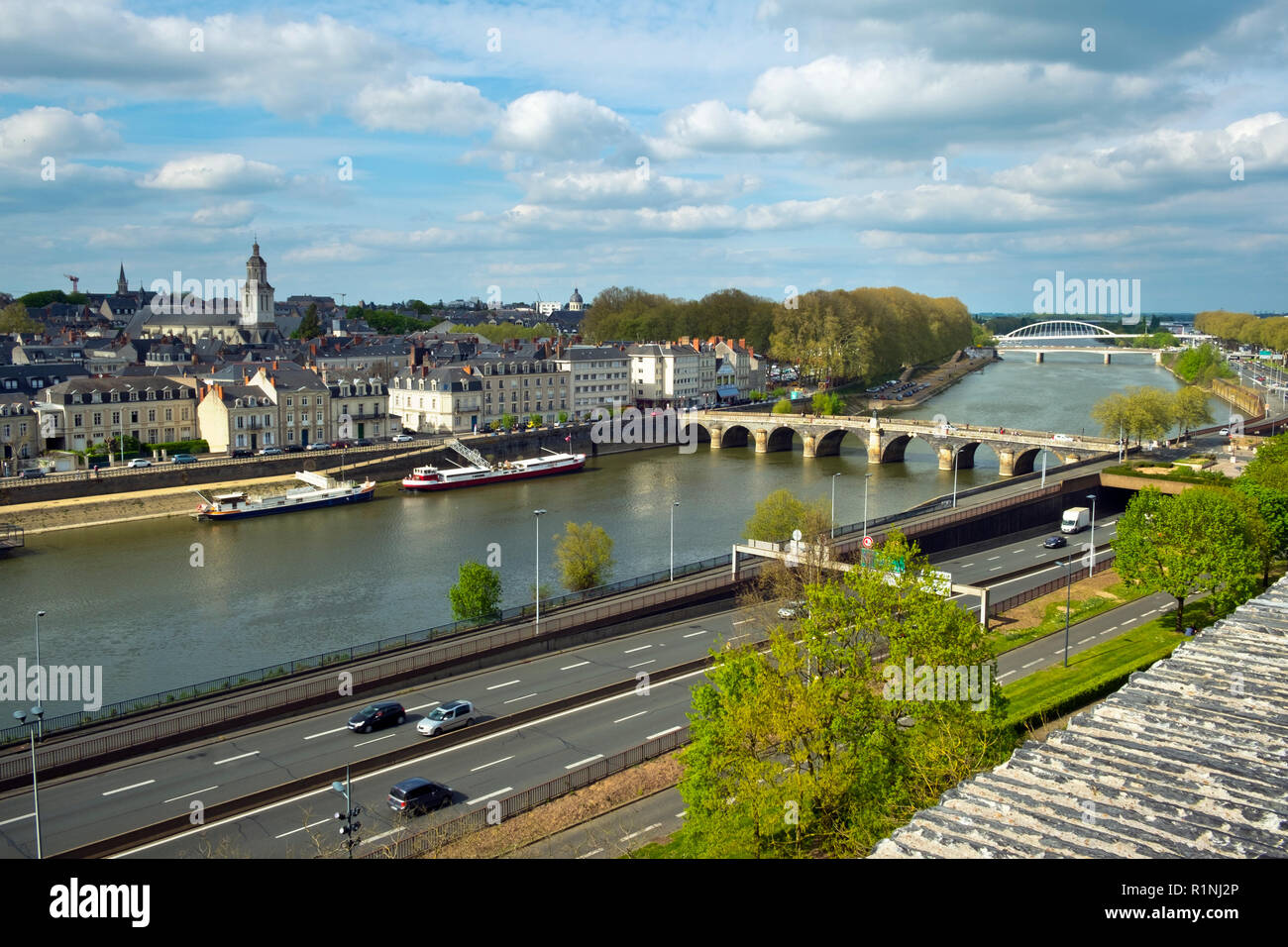 View over the Maine river and Angers city from the viewpoint close by the Chateau d'Angers, Maine-et-Loire, France. Stock Photo