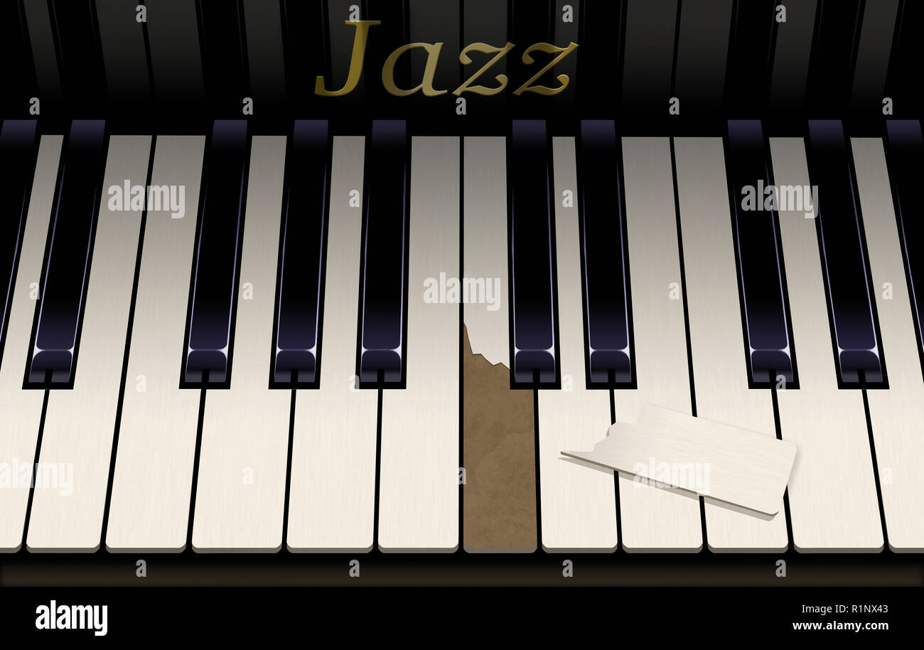 An old jazz piano keyboard has a broken key from aggressive piano