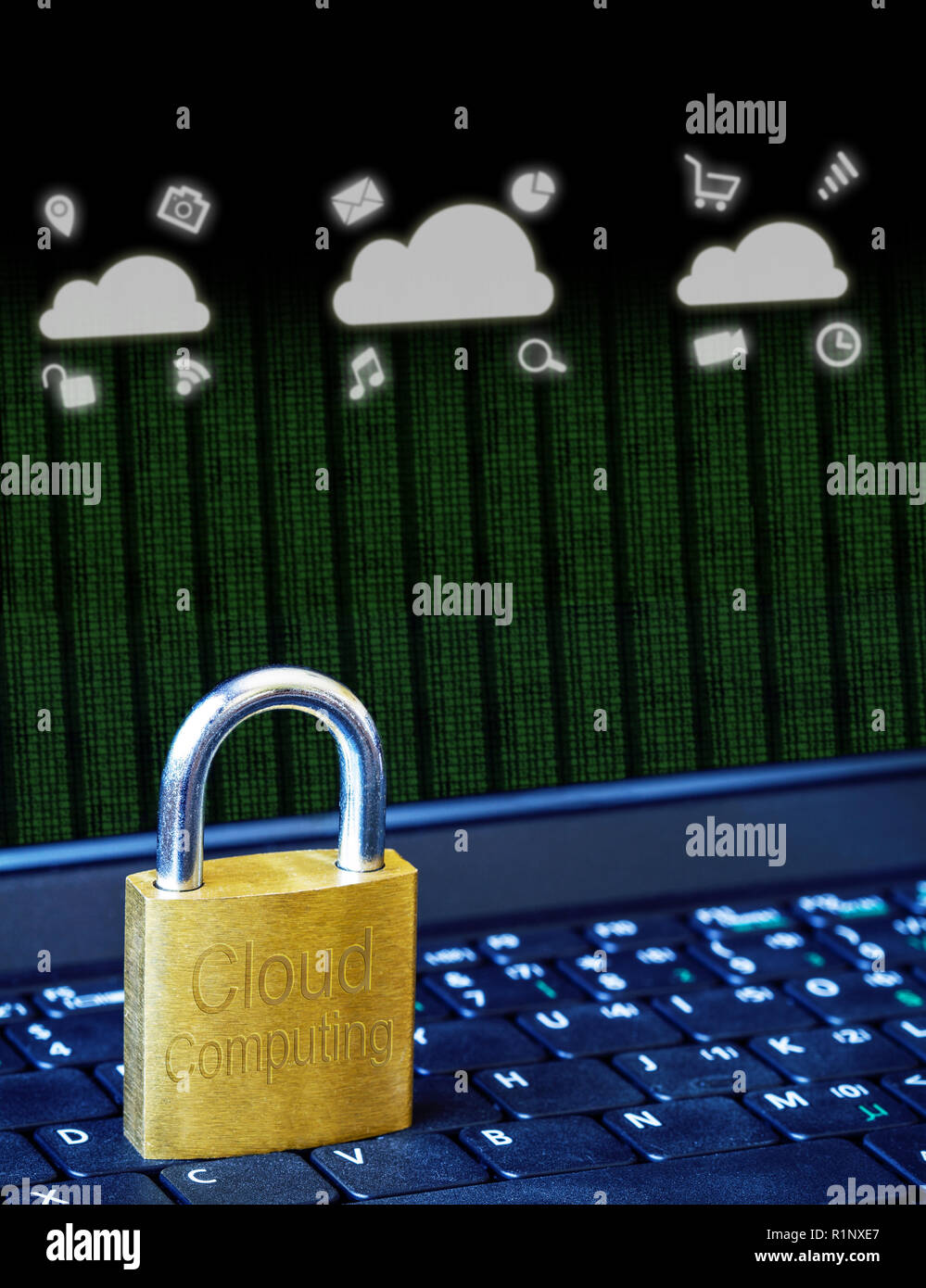 Golden padlock on computer laptop keyboard with Cloud Computing icons and binary data. Concept of Internet security, data privacy, cybercrime preventi Stock Photo